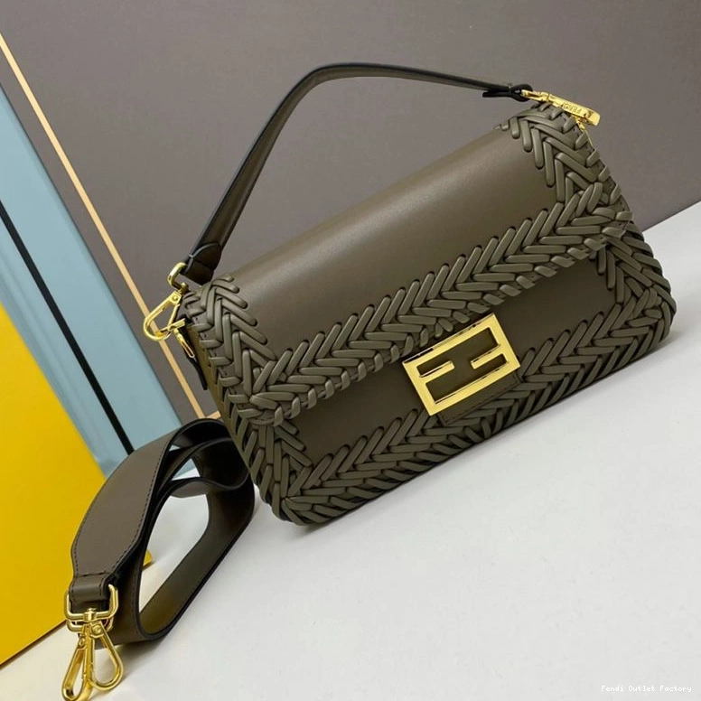 HOT Bag Leather Fendi In Stitching Baguette Green Medium 0728